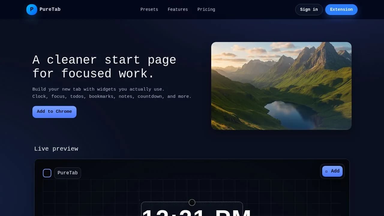 puretab website preview