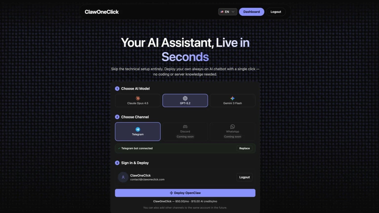 ClawOneClick website preview