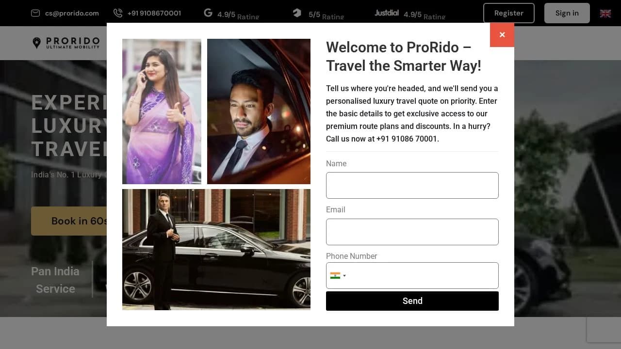 ProRido Luxury Cab Rental INDI website preview