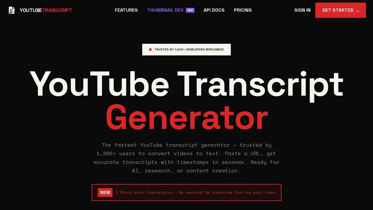 Youtube Transcript website preview