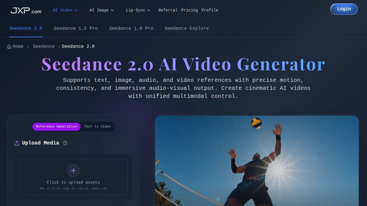 JXP Seedance 2.0 AI Video Gene website preview