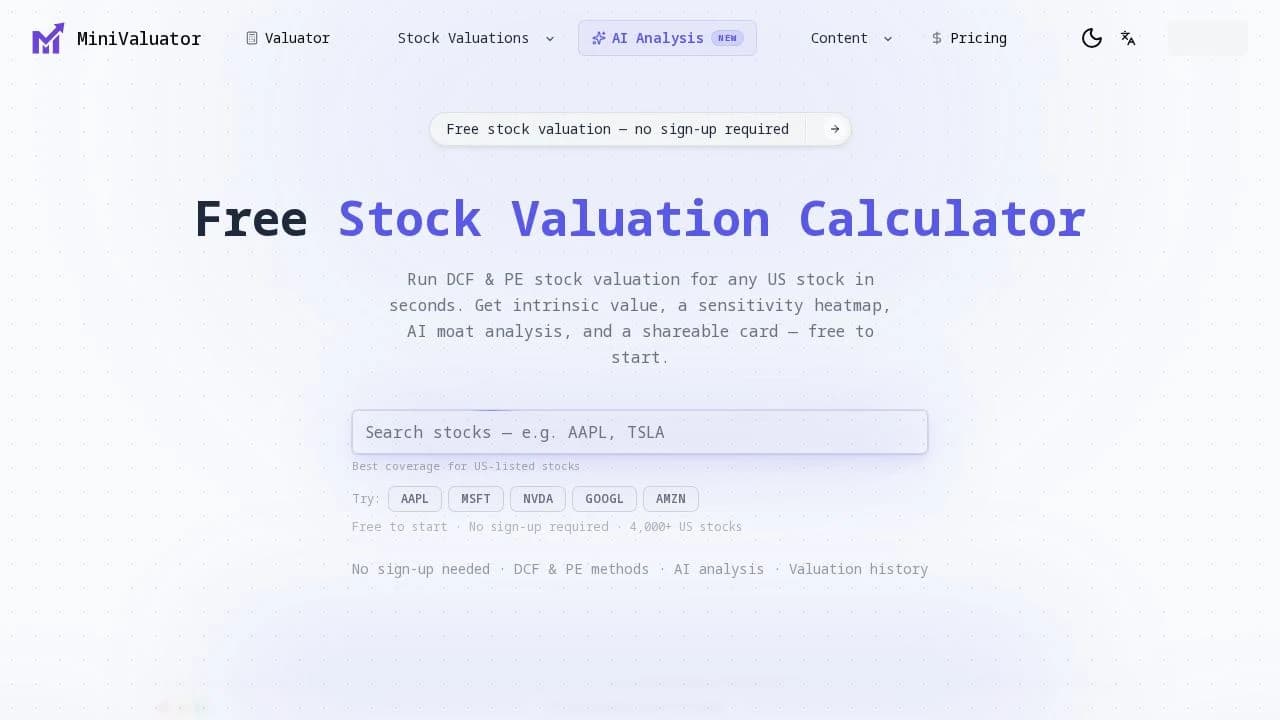 MiniValuator - Fintech example screenshot