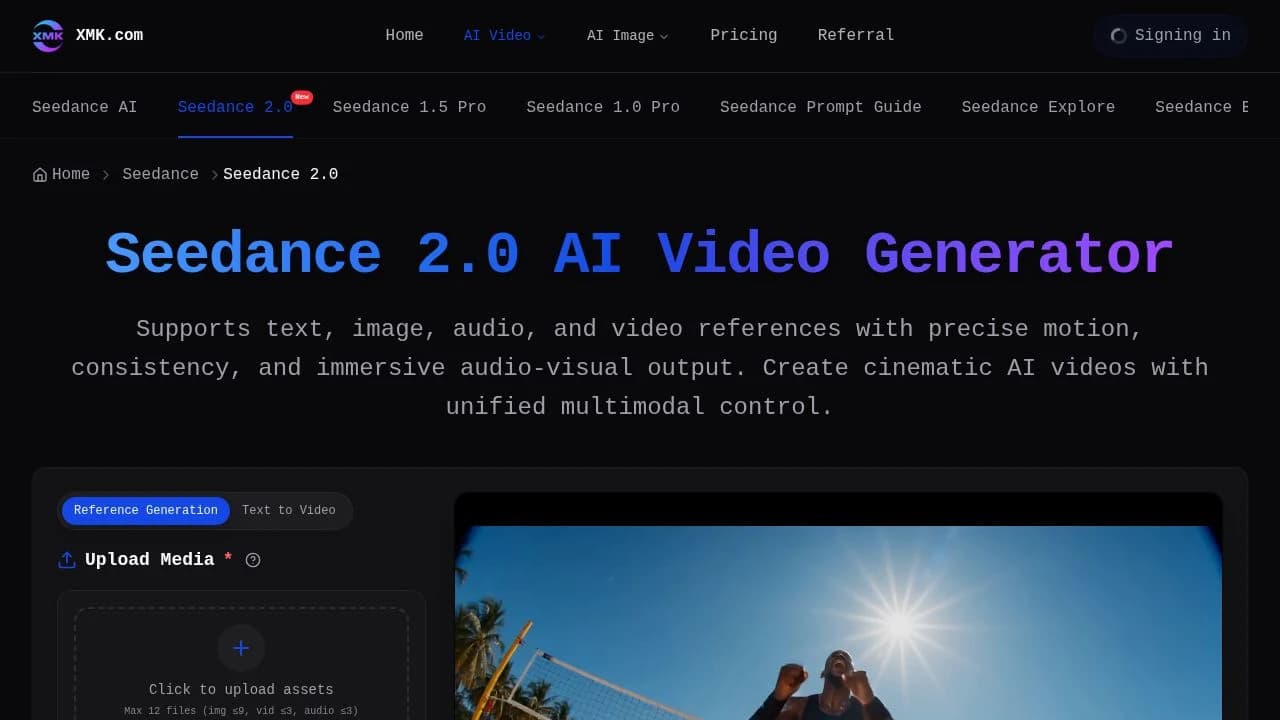 XMK Seedance 2.0 AI website preview