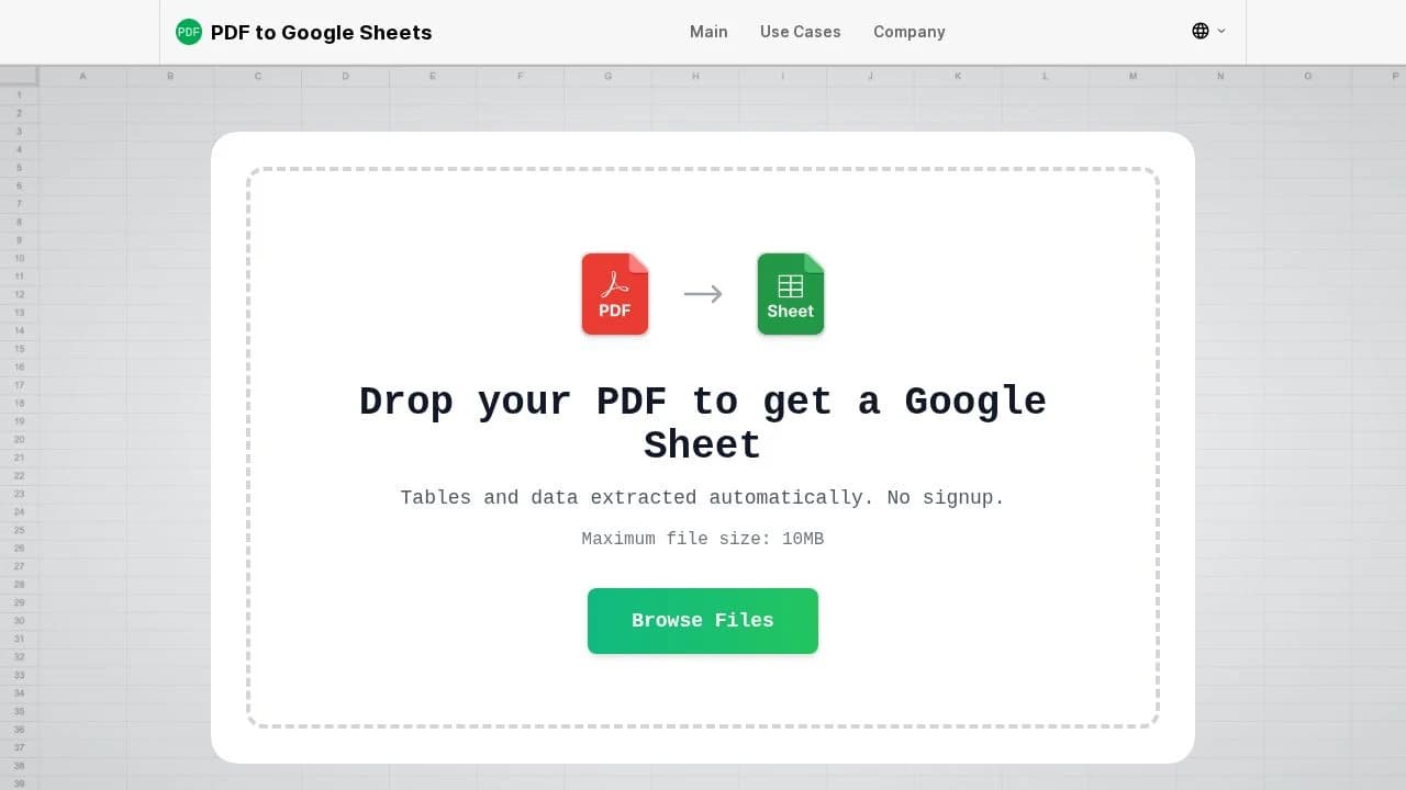 PDF to Google Sheets website preview