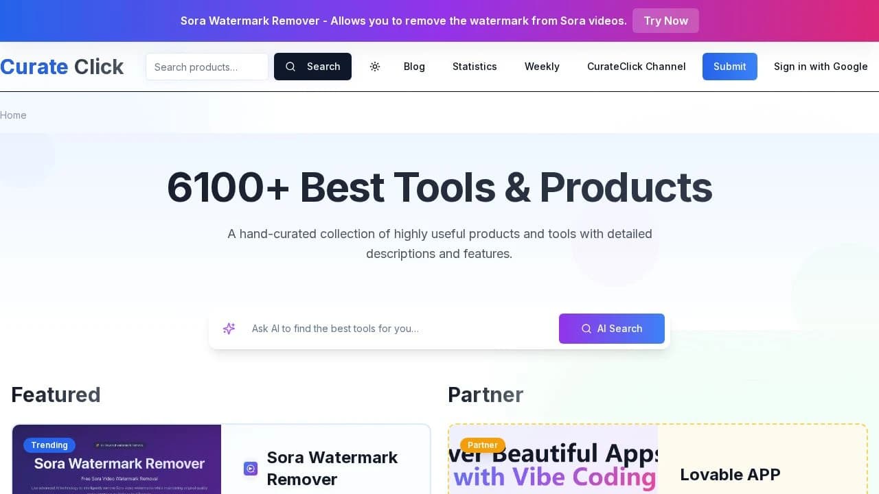 Curate Click website preview