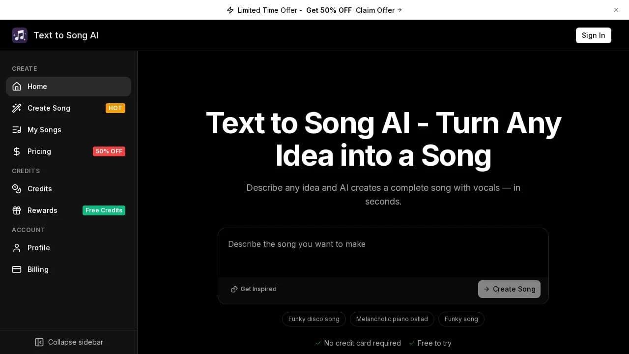 Text to Song AI website preview