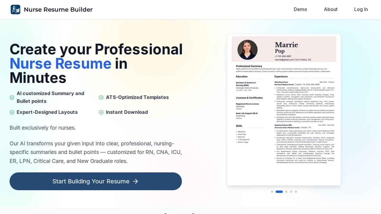 Nurse Resume Builder website preview